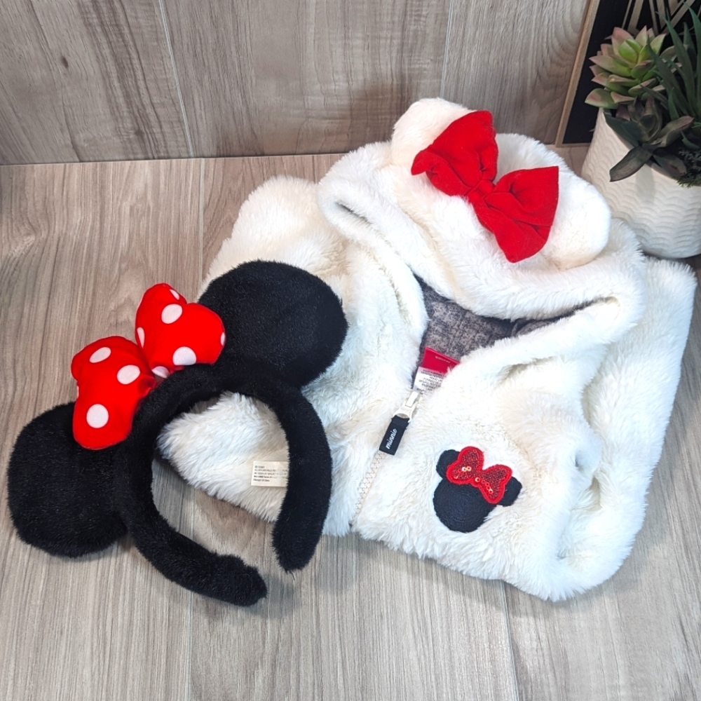 Disney Minnie Mouse Faux Fur Vest Little Girl Size 4 & Mouse Ears